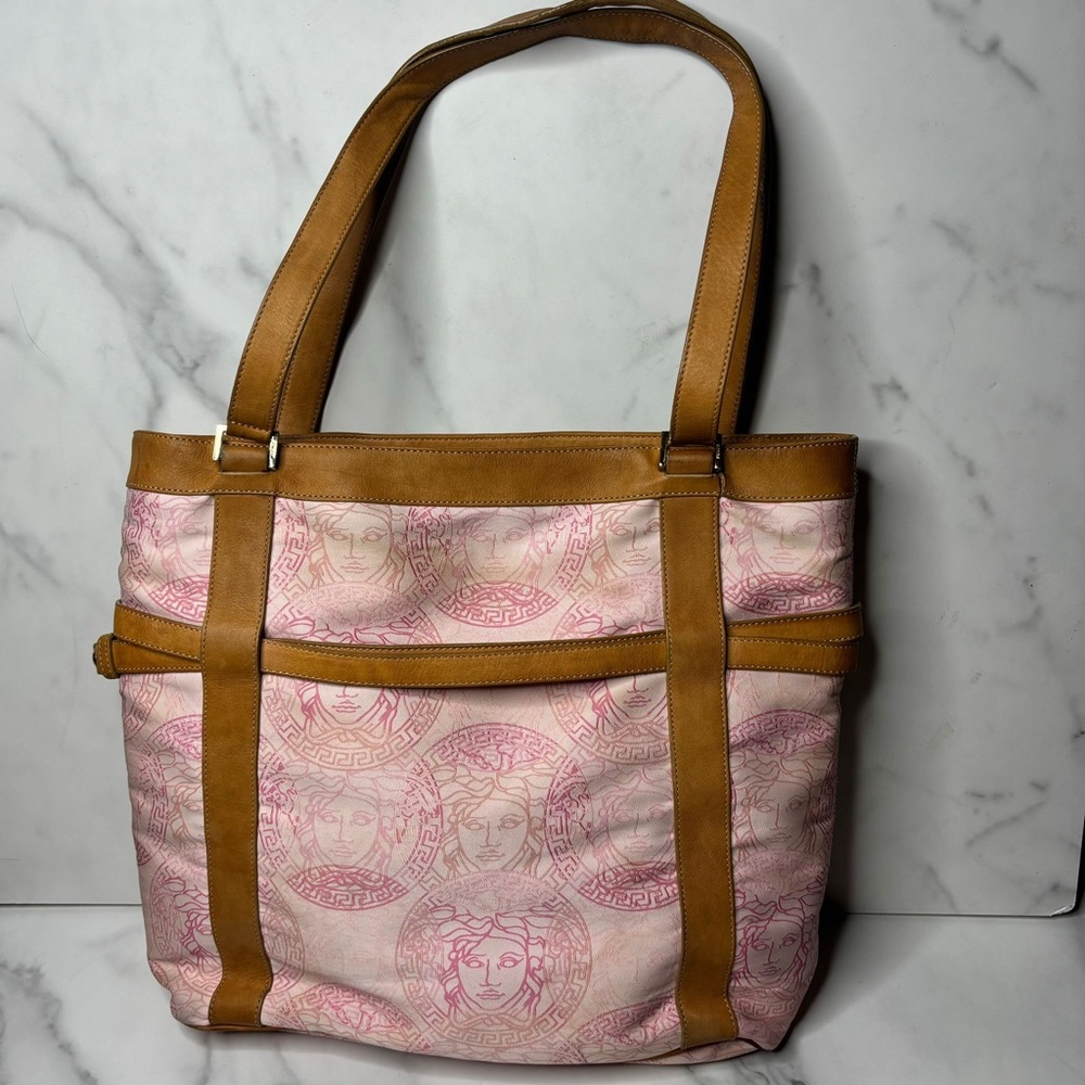 Versace Medusa Pink Leather And Canvas 2 Side Handle Tote/ Bag